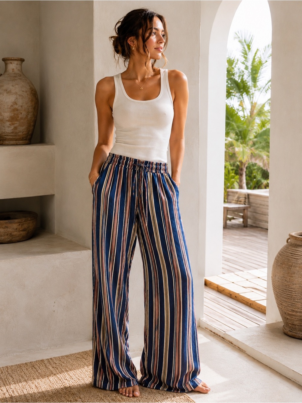 Blue Coastal Stripe Lounge Pants | Wide Leg Pull-On · American Eagle 💯 cotton